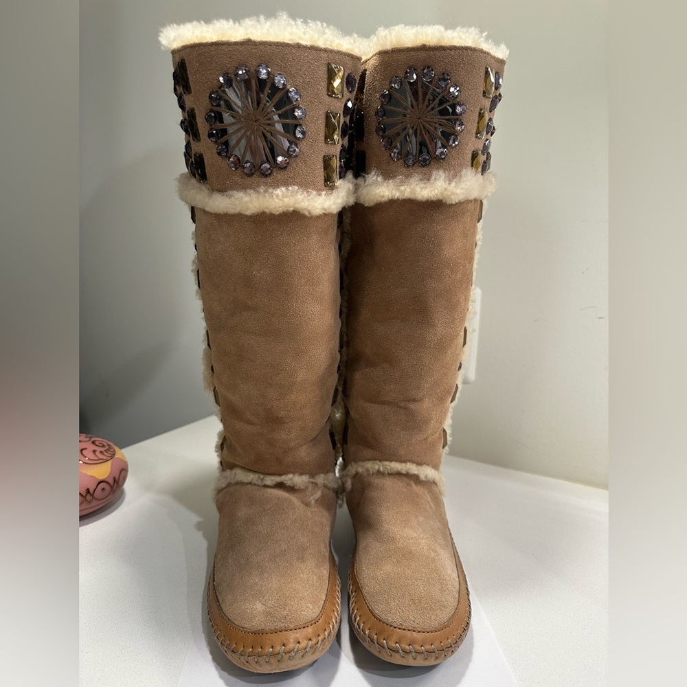 Tory Burch Suede Crystal Embellishments Boots Women 8 Knee High Shearling Boots